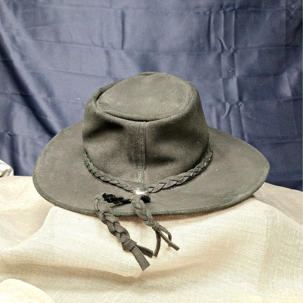 Black Leather Outback Bush Hat Oilskin Shapeable Large Braided Band Wide Brim